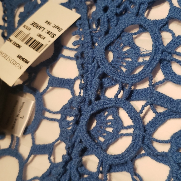 Bobeau NEW Knit Crochet Lace Blouse BLUE Top Topper Cotton Short Sleeve Womens L - Picture 7 of 9
